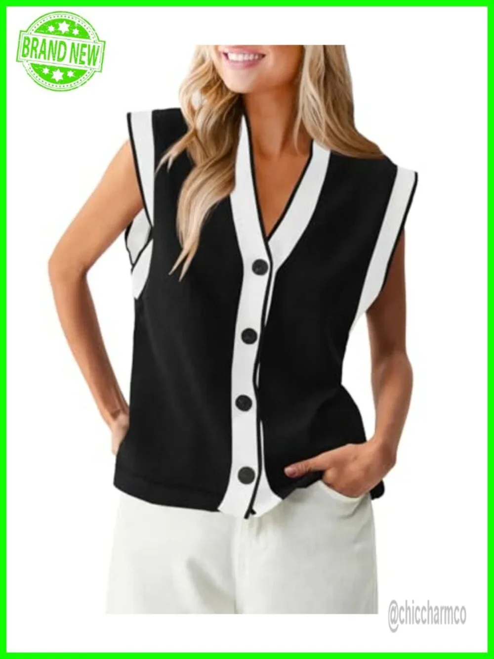 Women's V Neck Sweater Vest Button Down Cap Sleeve Loose Knit Tank Top